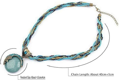 Women Lady Retro Vintage Bohemian Style Twist Woven Rope Chain Turquoise Rhinestone Pendant Collar Necklace Fashion Jewelry