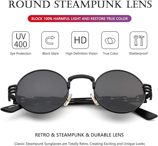 Round Steampunk Sunglasses Circle Lennon Hippie Glasses Metal Frame 100% UV Blocking Lens