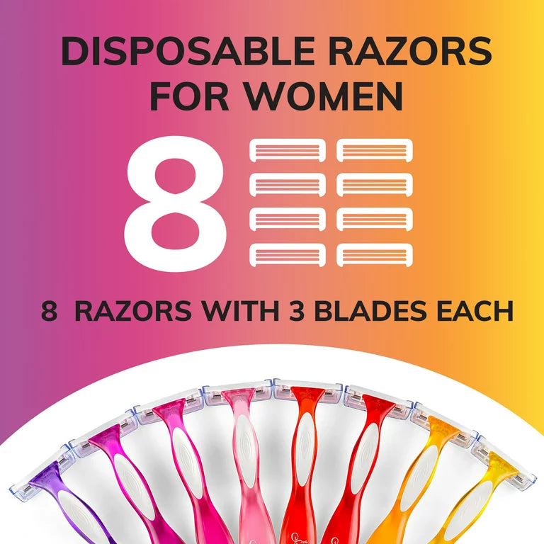 Soleil Smooth Colors Disposable Razors for Women Sensitive Skin, 3 Blades and 8 Razors