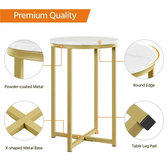 Faux Marble Side Table, White/Gold