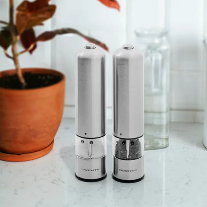 Pack of 2 Electric Stainless Steel Tall Sea Salt and Pepper Grinder Set with Ceramic Blade, Battery Operated Adjustable Coarseness Salt & Pepper Mill Automatic One Handed Touch, Silver