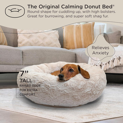 The Original Calming Donut Cat and Dog Bed in Lux Fur Oyster, Small 23x23