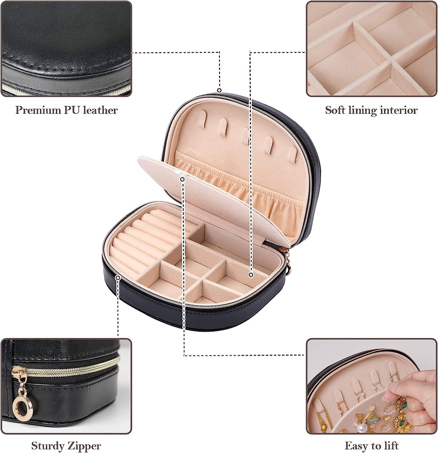 Travel Size Jewelry Box, Small Portable Seashell-Shaped Jewelry Case, 2 Layer Mini Jewelry Organizer in PU Leather, Earring Necklace Bracelet Ring Holder Box for Women Girl -Black