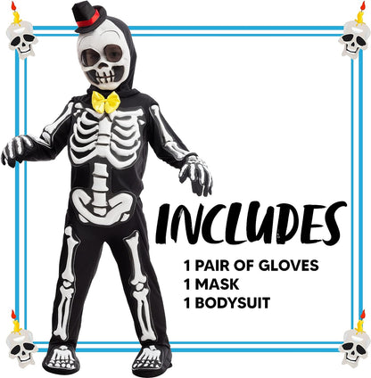 Glows in the Dark Skeleton Costume, Black Skelebones Jumpsuit, Bone Halloween Costume for Toddler, Kids, Boys-L(10-12yr)