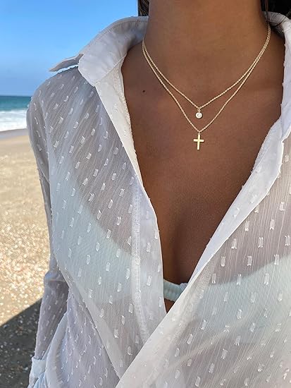 Cross Necklace for Women - Elegant Gold Rosary Lariat Y Necklace, Trendy Layering Long Gold Bead Necklace for Women and Girls