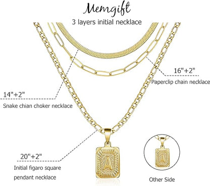 Gold Layered Necklace Set 3 PCS for Women Girls Dainty Trendy Paperclip Snake Choker Gold Filled Stainless Steel Figaro Chain Layering Necklaces Jewelry Gifts Square Pendant Letter A-Z