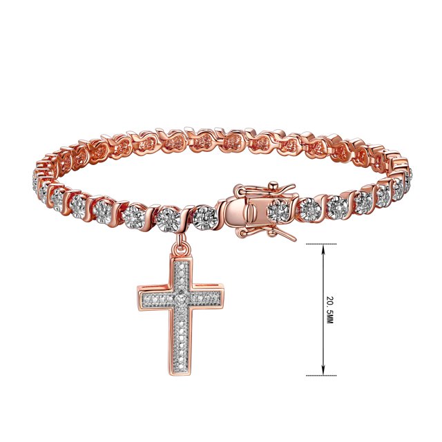 Diamond Accent Cross Charm 14k Rose Gold Plated 7.25” Tennis Bracelet, Adult Female