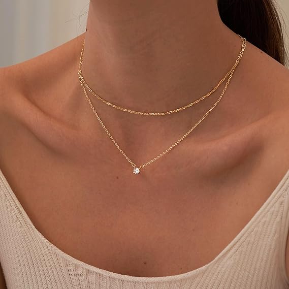 Diamond Necklaces for Women, Dainty Gold Necklace 14k Gold Plated Long Lariat Necklace Simple Gold CZ Diamond Choker Necklaces for Women Trendy Gold Necklace Jewelry Gifts for Girls