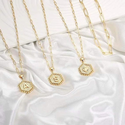 Dainty Layered Initial Necklaces for Women Trendy, 14K Real Gold Plated Paperclip Chain Necklace Cute Hexagon Letter Pendant Initial Choker Necklace Gold Layered Necklaces for Women