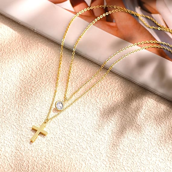 Cross Necklace for Women - Elegant Gold Rosary Lariat Y Necklace, Trendy Layering Long Gold Bead Necklace for Women and Girls