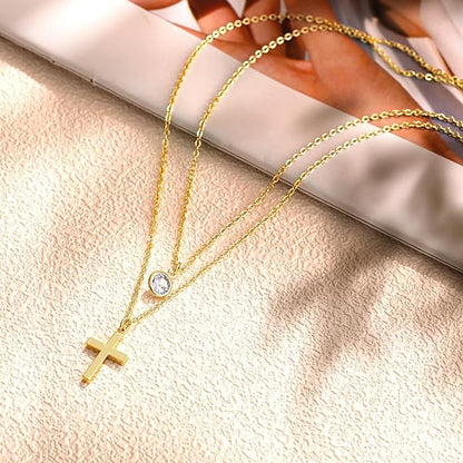 Cross Necklace for Women - Elegant Gold Rosary Lariat Y Necklace, Trendy Layering Long Gold Bead Necklace for Women and Girls