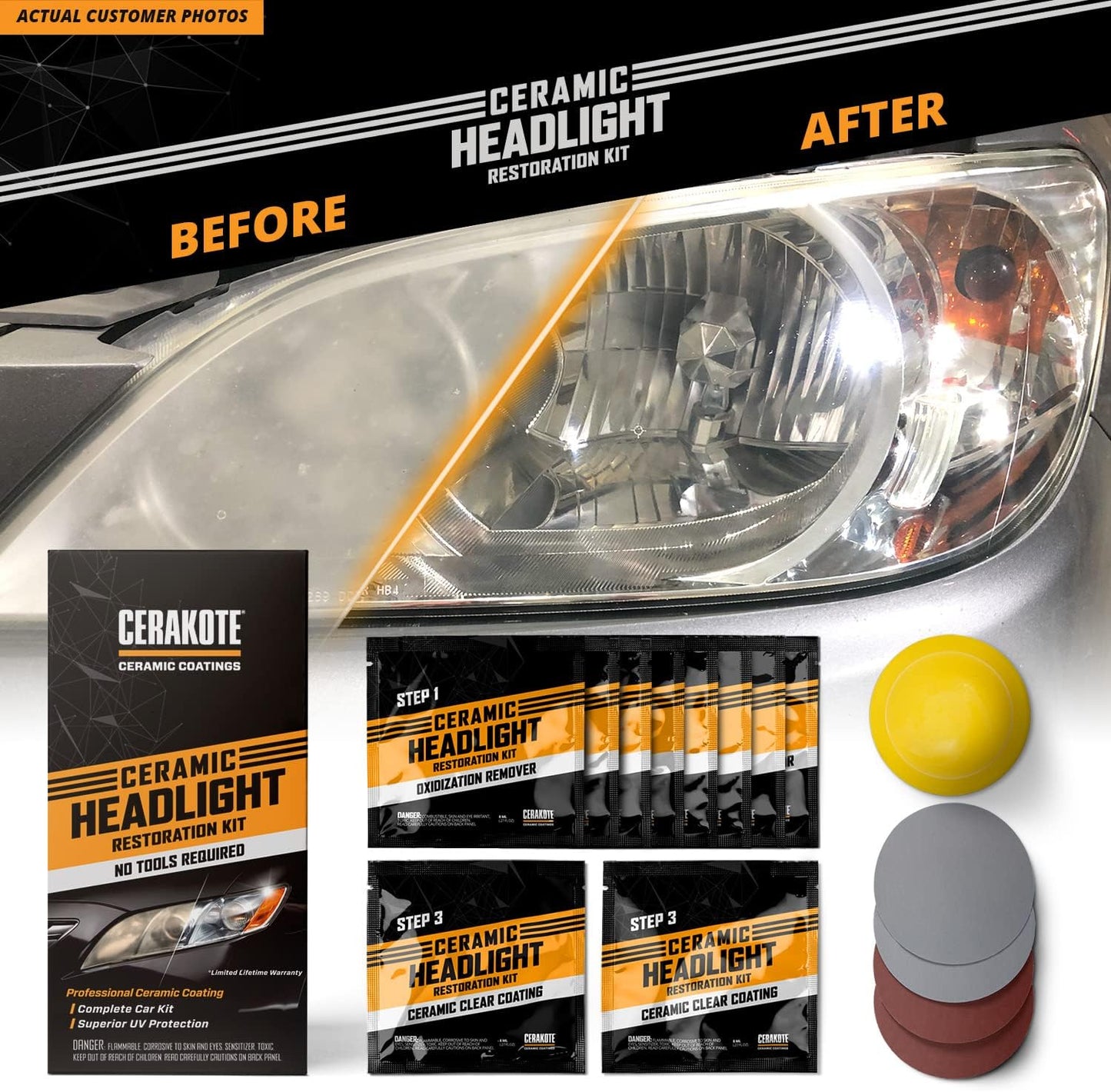 Ceramic Headlight Restoration Kit – Guaranteed To Last As Long As You Own Your Vehicle – Brings Headlights back to Like New Condition - 3 Easy Steps - No Power Tools Required