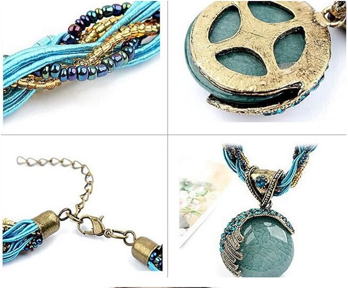 Women Lady Retro Vintage Bohemian Style Twist Woven Rope Chain Turquoise Rhinestone Pendant Collar Necklace Fashion Jewelry