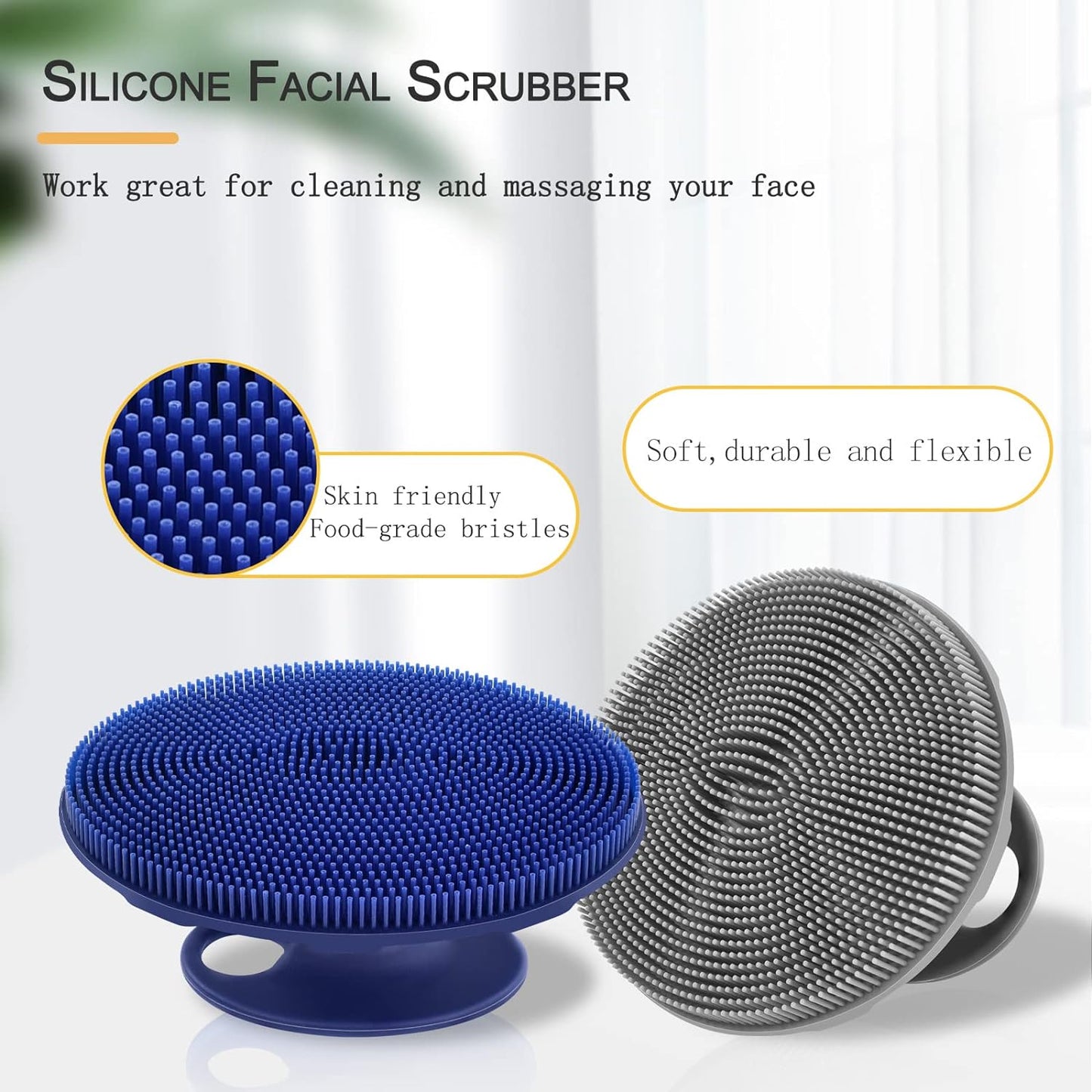 Silicone Face Exfoliating Brush Manual Handheld Facial Cleansing Scrubber Blackhead Remover, Food-Grade Soft Bristle (Dark Blue+Gray)