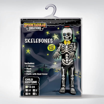 Glows in the Dark Skeleton Costume, Black Skelebones Jumpsuit, Bone Halloween Costume for Toddler, Kids, Boys-L(10-12yr)