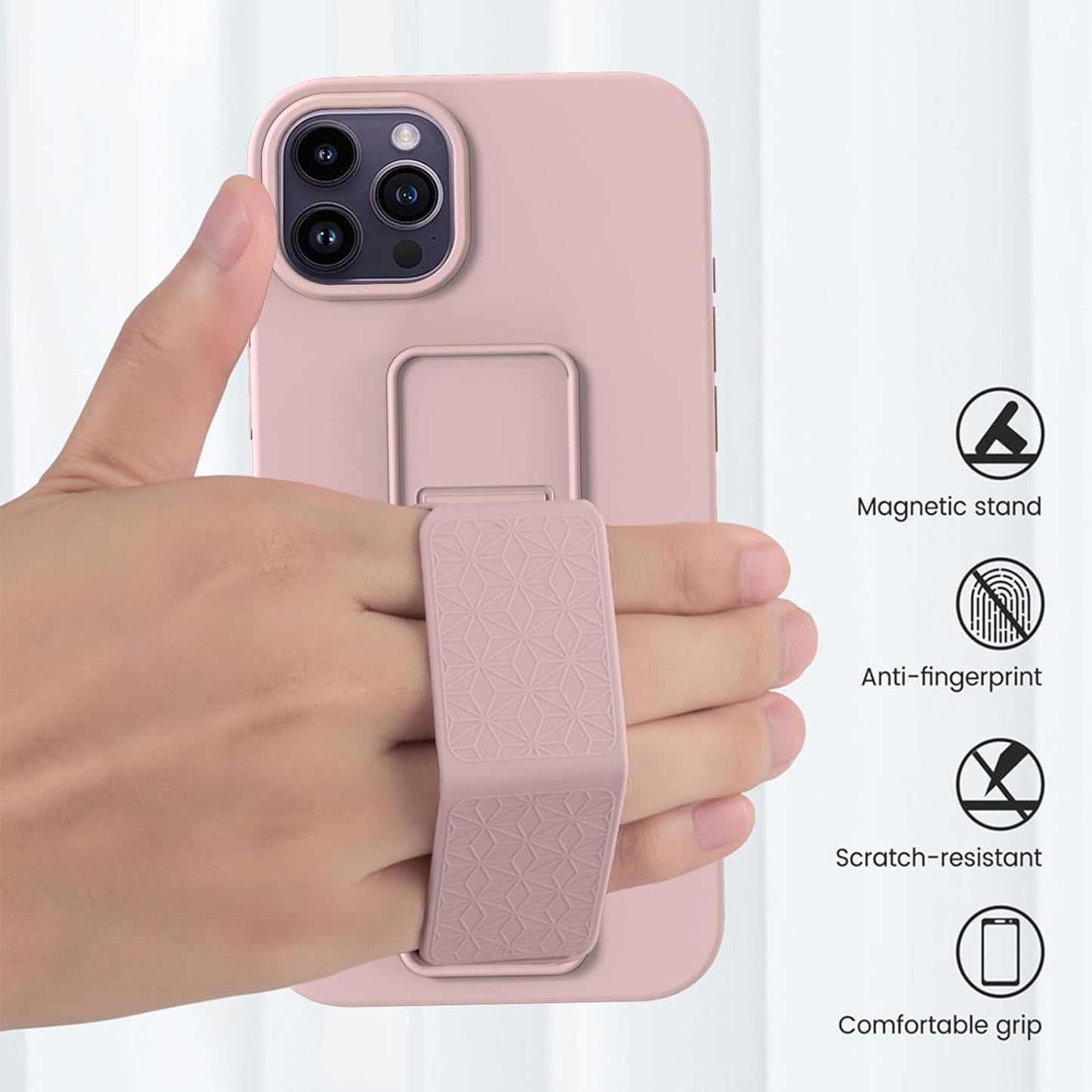 Silicone Kickstand Case Compatible with iPhone 15 pro max case Vertical and Horizontal Stand Hand Strap Metal Kickstand, Flexible Soft Liquid Silicone Stand Case for iPhone 15 pro max(Pink)