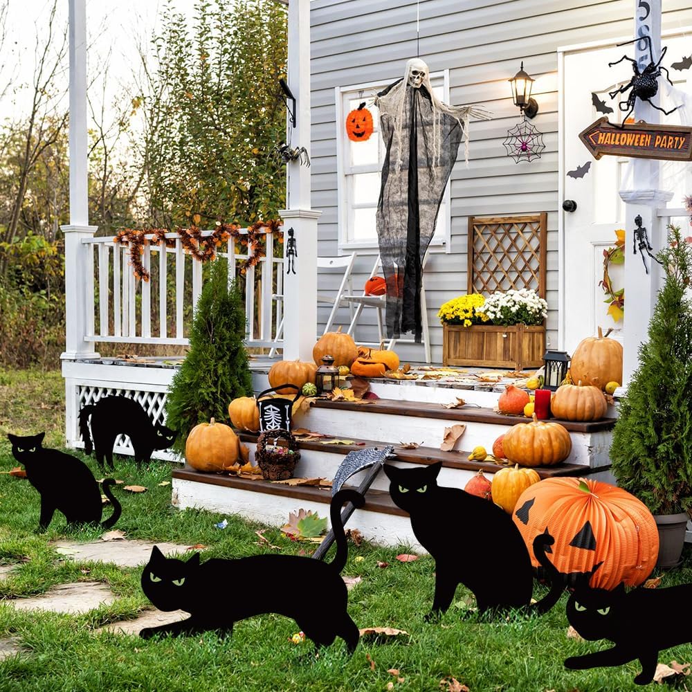 Halloween Decorations Outdoor, 6ct Black Cat Decor Yard Signs with Stakes, Scary Silhouette with Glow in Dark Eyes, Corrugated Plastic, Waterproof Lawn Decorations for Kids Family Home Party