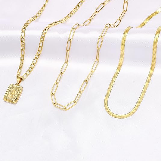 Gold Layered Necklace Set 3 PCS for Women Girls Dainty Trendy Paperclip Snake Choker Gold Filled Stainless Steel Figaro Chain Layering Necklaces Jewelry Gifts Square Pendant Letter A-Z