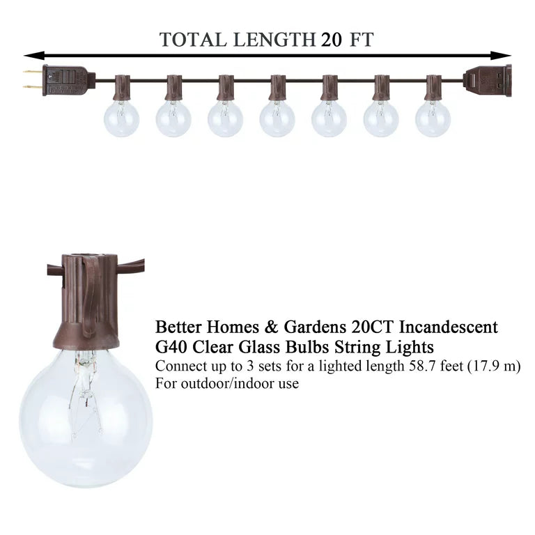 20-Count Clear Glass Globe G40 Bulbs Outdoor String Lights