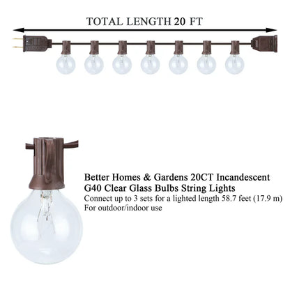 20-Count Clear Glass Globe G40 Bulbs Outdoor String Lights