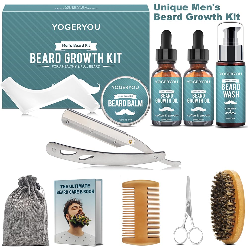 Beard Kit,Beard Grooming Kit W/Straight Razor,2 PACK Beard Oil,Beard Wash,Balm,Brush,Comb,Scissors Mens Birthday Christmas Gifts for Men Boyfriend Husband Beard Shaping Shaving Kit