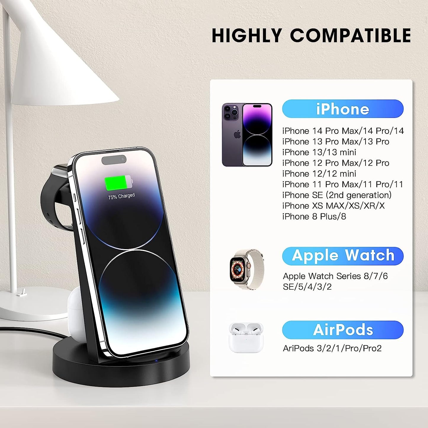 3 in 1 Charging Station for iPhone, Wireless Charger for iPhone 15 14 13 12 11 X Pro Max & Apple Watch - Charging Stand Dock for AirPods 3/2/1/Pro