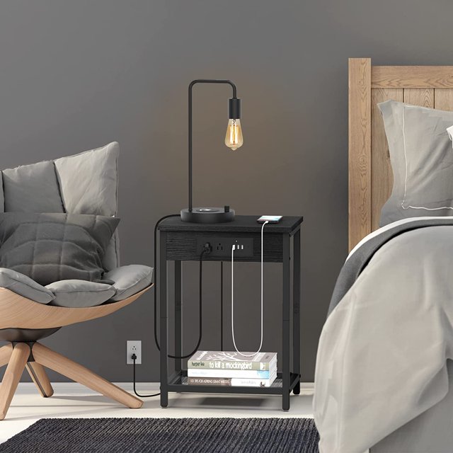 Nightstand End Table with Charging Station Black, Set of 2