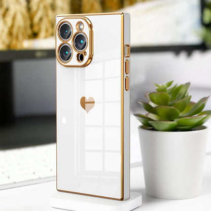 Square iPhone 15 Pro Max Case【Full Camera Protection】 Cute Heart Pattern & Electroplate Reinforced Corners Shockproof Edge Bumper Case 2023 [6.7 inches],White