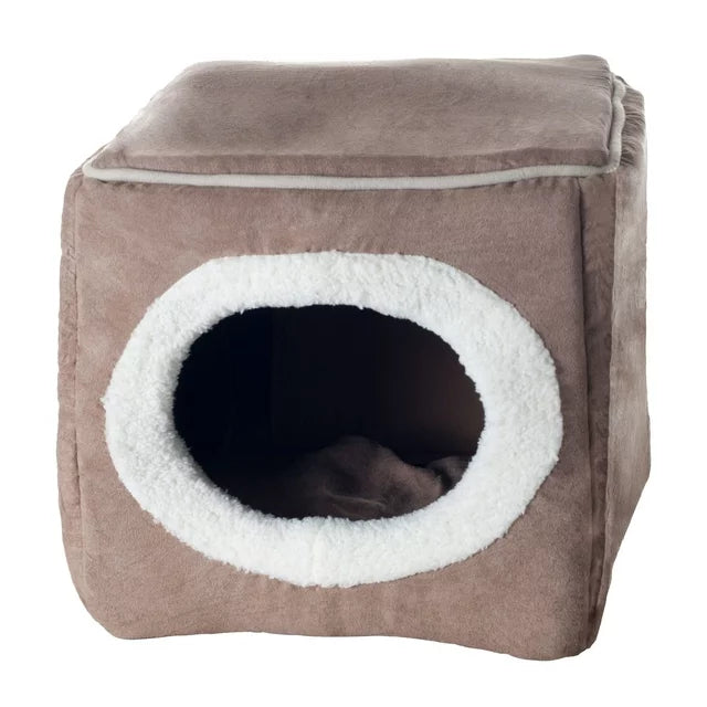 Cat or Dog Bed Cozy Cave Enclosed Cube Pet Bed - Light Coffee