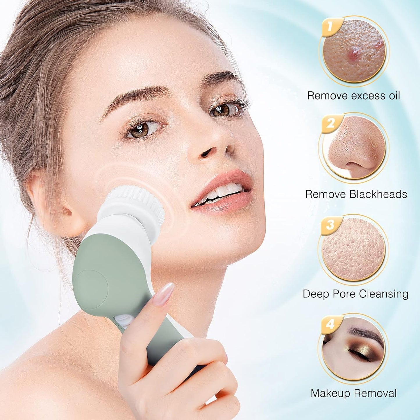 Facial Cleansing Brush Face Scrubber: 7in1 JBK-D Electric Exfoliating Spin Cleanser Device Waterproof Deep Cleaning Exfoliation Rotating Spa Machine - Electronic Acne Skin Wash Spinning System