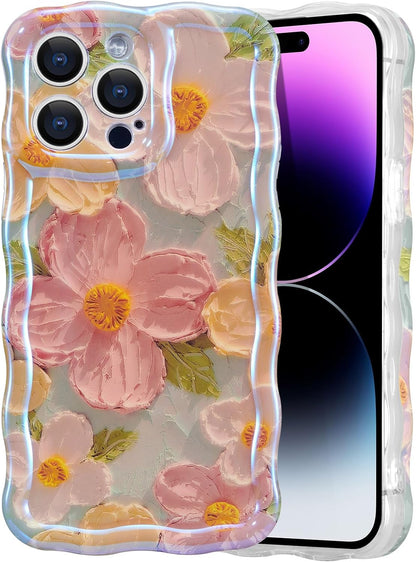 Case for iPhone 15 Pro Max, Colorful Retro Oil Painting Printed Flower Laser Glossy Pattern Cute Curly Wave Edge Exquisite Phone Cover Stylish Durable TPU Protective Case for Girls Women-Green