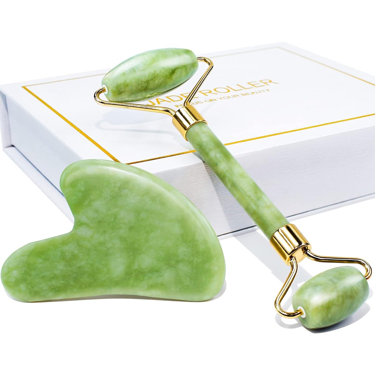 Jade Roller & Gua Sha Facial Tools Face Roller and Gua Sha Set for Skin Care Routine and Puffiness, Self Care Gift for Men Women - Green